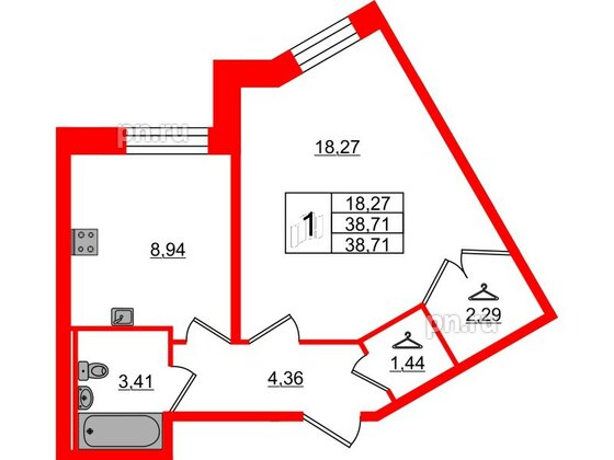 Квартира в ЖК Капральский, 1 комнатная, 38.71 м², 1 этаж