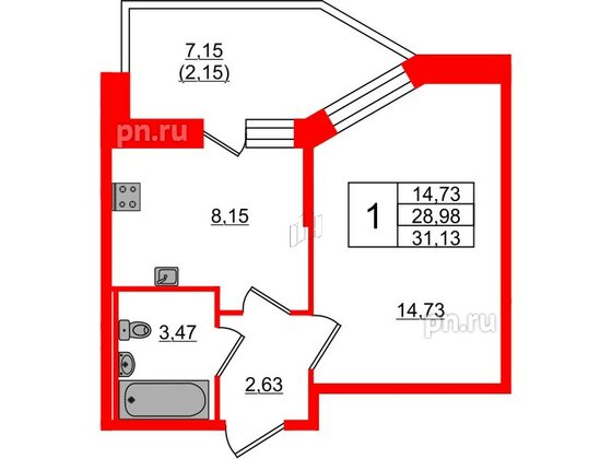 Квартира в ЖК Капральский, 1 комнатная, 31.13 м², 1 этаж