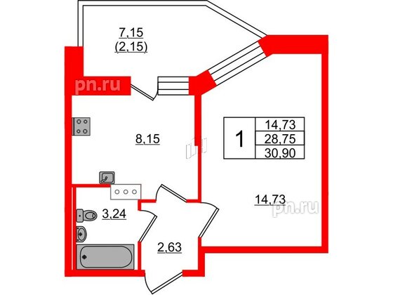 Квартира в ЖК Капральский, 1 комнатная, 30.9 м², 2 этаж