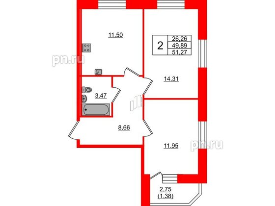 Квартира в ЖК Капральский, 2 комнатная, 51.27 м², 1 этаж