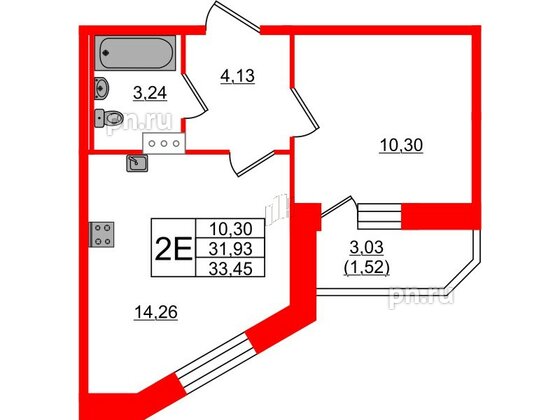 Квартира в ЖК Капральский, 1 комнатная, 33.45 м², 2 этаж