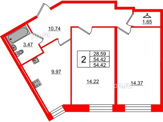 Квартира в ЖК Капральский, 2 комнатная, 54.42 м², 1 этаж