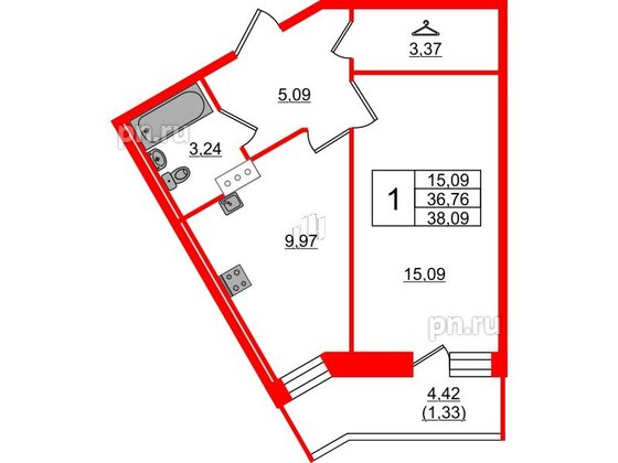 Квартира в ЖК Капральский, 1 комнатная, 38.09 м², 3 этаж