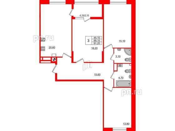 Квартира в ЖК «Альпы», 3 комнатная, 91.2 м², 3 этаж