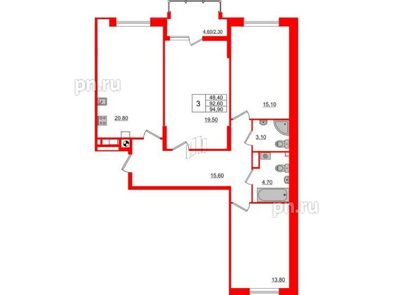 Квартира в ЖК «Альпы», 3 комнатная, 94.9 м², 7 этаж