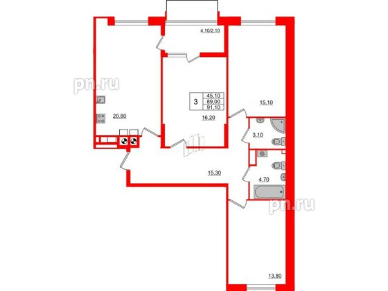 Квартира в ЖК «Альпы», 3 комнатная, 91.1 м², 9 этаж