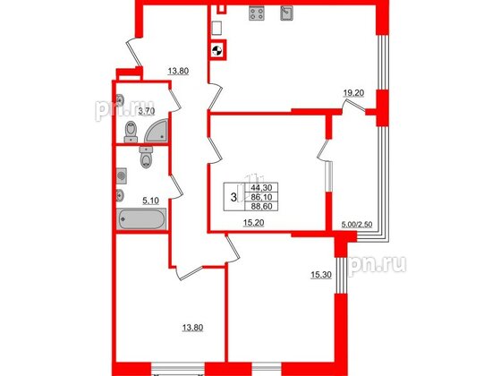 Квартира в ЖК «Альпы», 3 комнатная, 88.6 м², 2 этаж