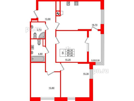 Квартира в ЖК «Альпы», 3 комнатная, 87.9 м², 4 этаж