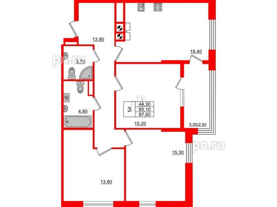 Квартира в ЖК «Альпы», 3 комнатная, 87.6 м², 9 этаж