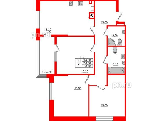 Квартира в ЖК «Альпы», 3 комнатная, 88.6 м², 2 этаж