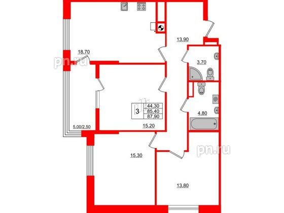 Квартира в ЖК «Альпы», 3 комнатная, 87.9 м², 5 этаж