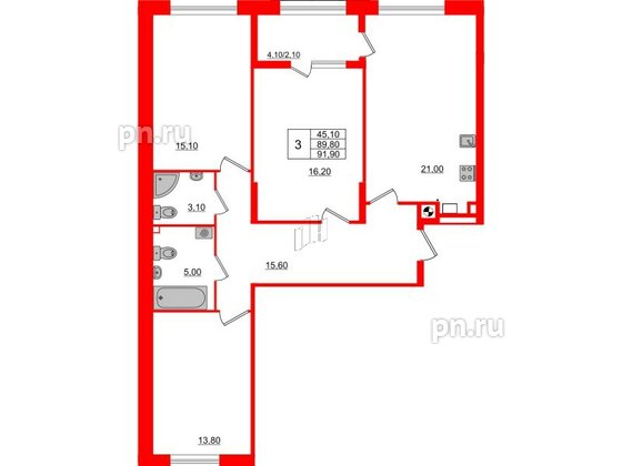 Квартира в ЖК «Альпы», 3 комнатная, 91.9 м², 2 этаж