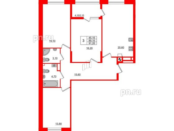 Квартира в ЖК «Альпы», 3 комнатная, 91.2 м², 4 этаж