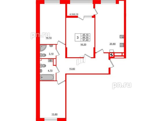 Квартира в ЖК «Альпы», 3 комнатная, 91.4 м², 8 этаж