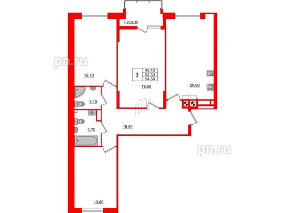 Квартира в ЖК «Альпы», 3 комнатная, 94.6 м², 9 этаж