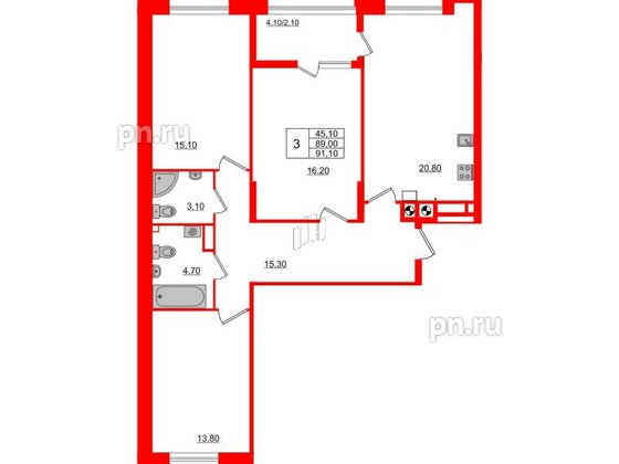 Квартира в ЖК «Альпы», 3 комнатная, 91.1 м², 11 этаж