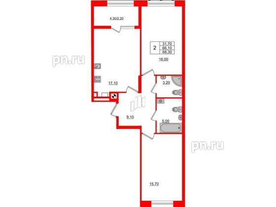 Квартира в ЖК «Альпы», 2 комнатная, 68.3 м², 2 этаж