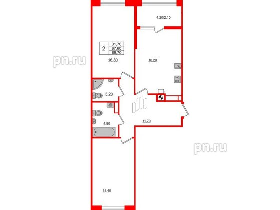 Квартира в ЖК «Альпы», 2 комнатная, 69.7 м², 7 этаж