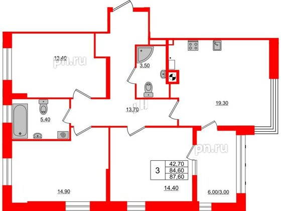 Квартира в ЖК «Альпы», 3 комнатная, 87.6 м², 2 этаж