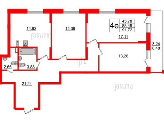 Квартира в ЖК Аквилон ZALIVE, 3 комнатная, 91.72 м², 3 этаж