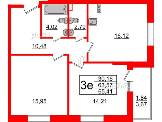 Квартира в ЖК Аквилон ZALIVE, 2 комнатная, 65.41 м², 3 этаж