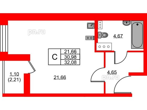 Квартира в ЖК Аквилон ZALIVE, студия, 32.08 м², 2 этаж