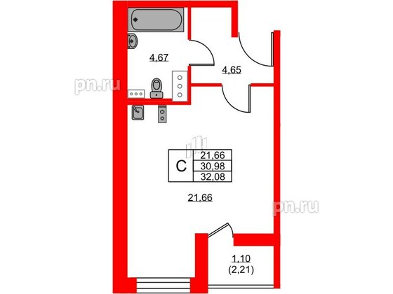 Квартира в ЖК Аквилон ZALIVE, студия, 32.08 м², 12 этаж