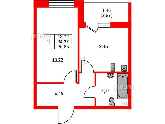 Квартира в ЖК Аквилон ZALIVE, 1 комнатная, 35.85 м², 1 этаж