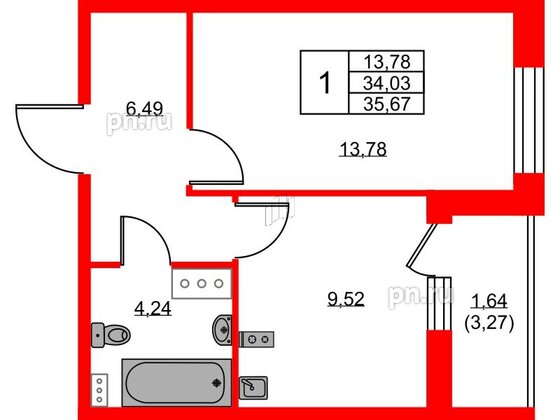 Квартира в ЖК Аквилон ZALIVE, 1 комнатная, 35.67 м², 2 этаж