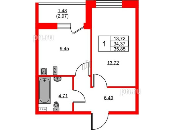 Квартира в ЖК Аквилон ZALIVE, 1 комнатная, 35.85 м², 1 этаж