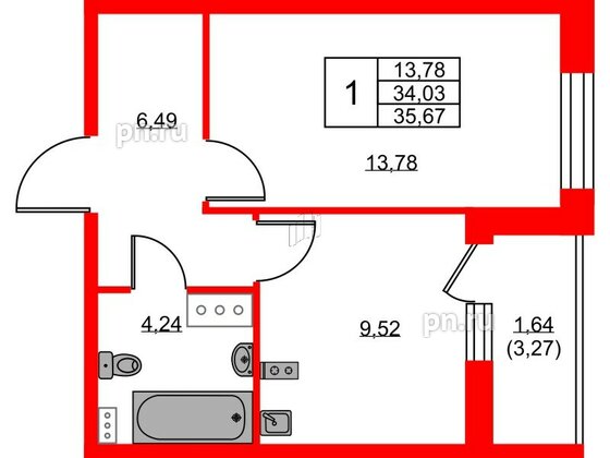 Квартира в ЖК Аквилон ZALIVE, 1 комнатная, 35.67 м², 2 этаж