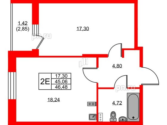 Квартира в ЖК Аквилон ZALIVE, 1 комнатная, 46.48 м², 1 этаж