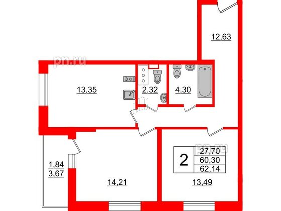 Квартира в ЖК Аквилон ZALIVE, 2 комнатная, 62.14 м², 5 этаж