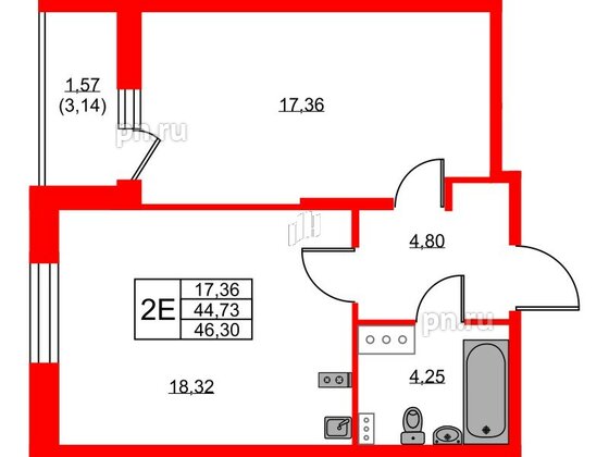 Квартира в ЖК Аквилон ZALIVE, 1 комнатная, 46.3 м², 3 этаж