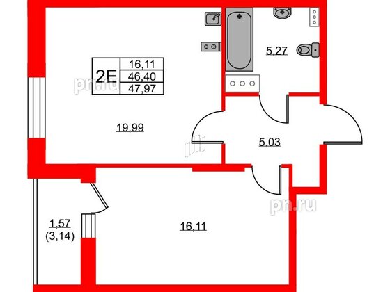 Квартира в ЖК Аквилон ZALIVE, 1 комнатная, 47.97 м², 2 этаж