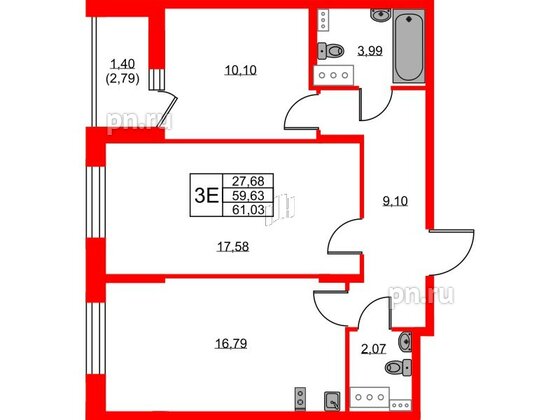 Квартира в ЖК Аквилон ZALIVE, 2 комнатная, 61.03 м², 4 этаж