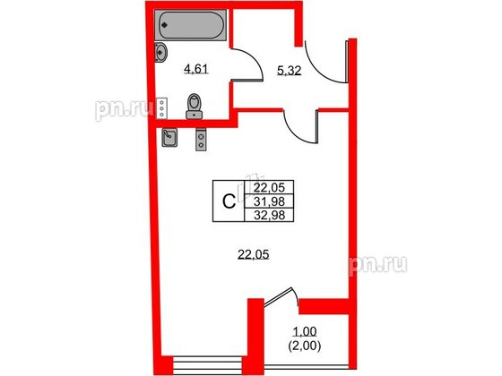 Квартира в ЖК Аквилон ZALIVE, студия, 32.98 м², 1 этаж