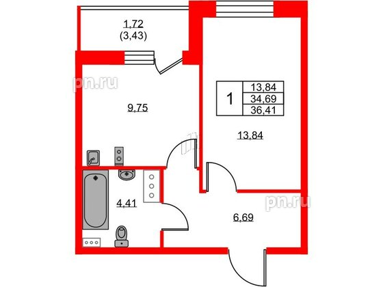 Квартира в ЖК Аквилон ZALIVE, 1 комнатная, 36.41 м², 13 этаж