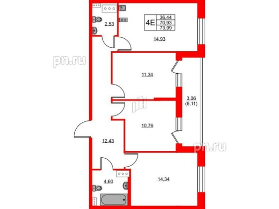 Квартира в ЖК Аквилон ZALIVE, 3 комнатная, 73.99 м², 8 этаж