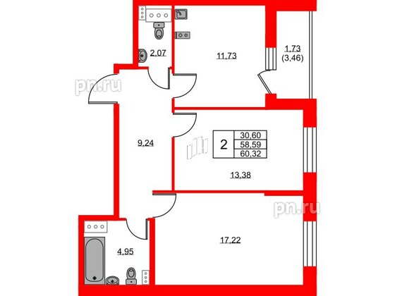 Квартира в ЖК Аквилон ZALIVE, 2 комнатная, 60.32 м², 12 этаж