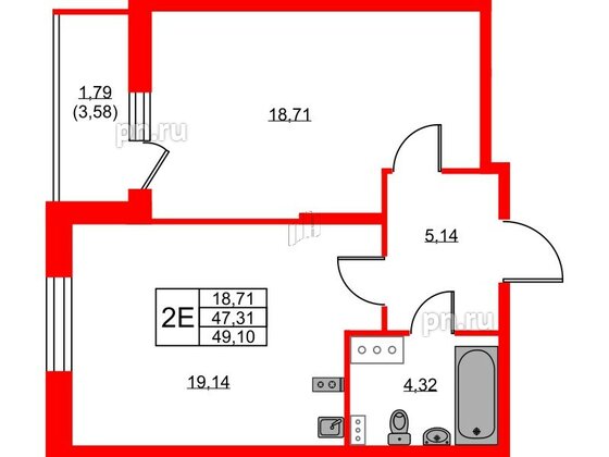 Квартира в ЖК Аквилон ZALIVE, 1 комнатная, 49.1 м², 3 этаж