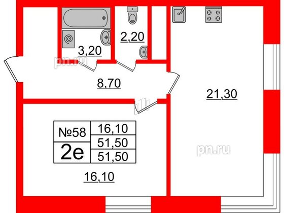 Квартира в ЖК Neva Haus, 1 комнатная, 51.8 м², 8 этаж