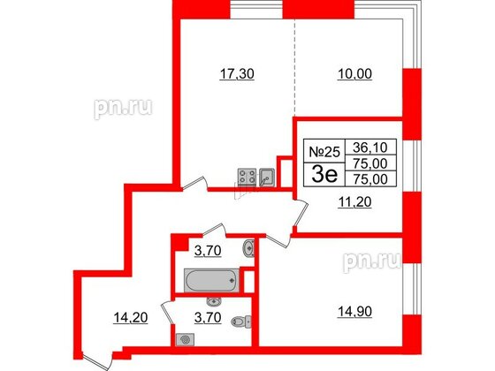 Квартира в ЖК Neva Haus, 2 комнатная, 74.9 м², 4 этаж