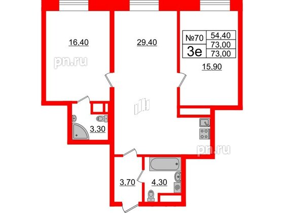 Квартира в ЖК Neva Haus, 3 комнатная, 72.8 м², 9 этаж