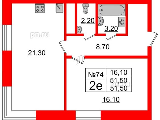 Квартира в ЖК Neva Haus, 1 комнатная, 51.6 м², 9 этаж