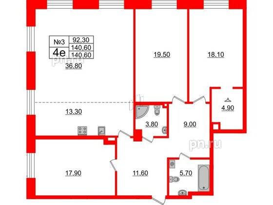 Квартира в ЖК Neva Haus, 3 комнатная, 140.7 м², 1 этаж