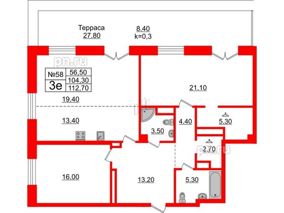 Квартира в ЖК Neva Haus, 2 комнатная, 111.5 м², 9 этаж