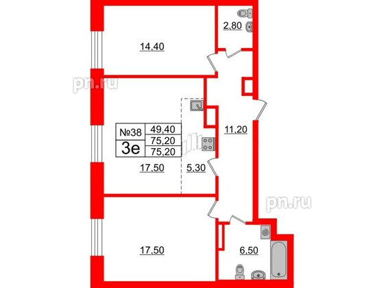 Квартира в ЖК Neva Haus, 2 комнатная, 75.1 м², 6 этаж