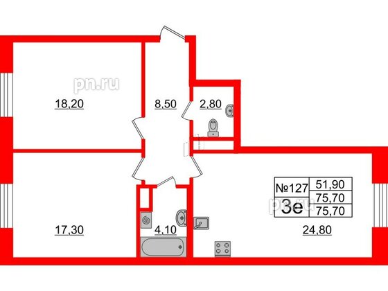 Квартира в ЖК Neva Haus, 2 комнатная, 75.6 м², 8 этаж