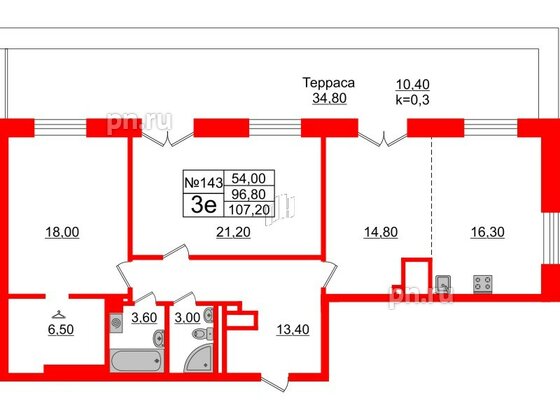 Квартира в ЖК Neva Haus, 2 комнатная, 105.7 м², 9 этаж